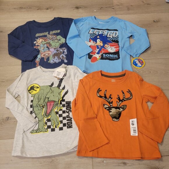 4 Toddler Boys Long Sleeve Shirts Tops Sz 3T Superhero Sonic Dinosaur Hunting - Picture 1 of 5